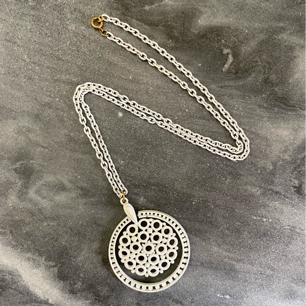 Vintage White Enamel Necklace Geometric Pendant